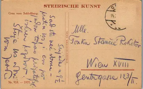 35957 - Künstlerkarte - Steiermark , Graz , Graz vom Schloßberg , Steirische Kunst - gelaufen 1921