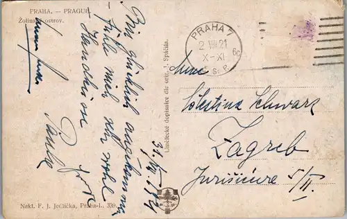 36089 - Künstlerkarte - Praha , Prag , Zofinsky ostrov , signiert J. Jelicka - gelaufen 1921