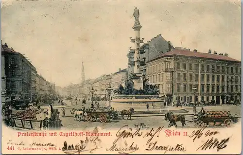 36156 - Wien - Wien II , Praterstraße mit Tegetthoff Monument - gelaufen 1900