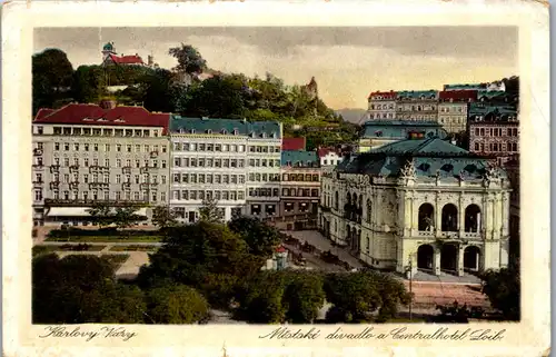 36213 - Tschechische Republik - Karlovy Vary , Karlsbad , Mestske divadlo a Centralhotel Loib - gelaufen 1928