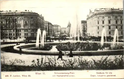 36250 - Wien - Wien III , Schwarzenberg Platz mit Hochstrahlbrunnen , Gebäude für die Öster. Industrie gewidmet - gelaufen 1916