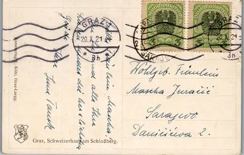 36289 - Künstlerkarte - Graz , Schweizerhaus am Schlossberg , signiert - gelaufen 1921