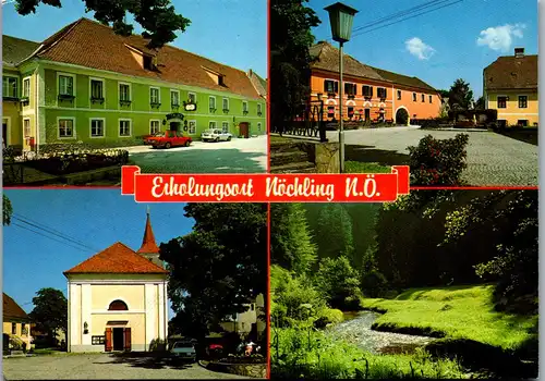 36439 - Niederösterreich - Nöchling , Gasthof Gruber , Marktplatz , Kirche mit Linde , kl. Yspertal , Mehrbildkarte - gelaufen 1991