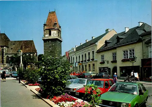36464 - Niederösterreich - Perchtoldsdorf , Hauptplatz mit Wehrturm , Opel , Fiat , Mercedes - nicht gelaufen
