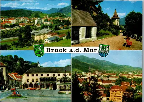 36561 - Steiermark - Bruck an der Mur , Schloßberguhrturm , Kornmesserhaus , Eiserner Brunnen gegen Roßeck und Mugel - nicht gelaufen