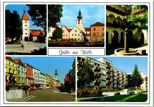 36883 - Oberösterreich - Wels , Ledererturm , Blick v. Burggarten zur Pfarrkirche , Haas Hof Stadtplatz , Seniorenheim - nicht gelaufen