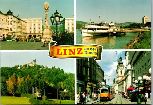 36925 - Oberösterreich - Linz , Hauptplatz , Donaulände mit Schiffsanlgeeplatz , Pöstlingberg mit Bahn , Landstraße - nicht gelaufen