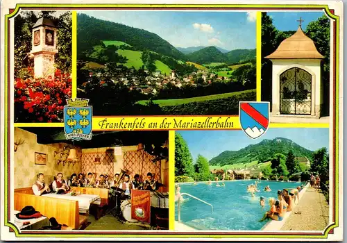 37206 - Niederösterreich - Frankenfels an der Mariazellerbahn , Pestsäule , Ortsansicht , Schwinnbad , Mehrbildkarte - gelaufen 1989