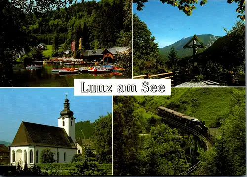 37215 - Niederösterreich - Lunz am See im Ötscherland , Bootsverleih , Pfarrkirche , Dampfzug auf der Ybbstalbahn - nicht gelaufen