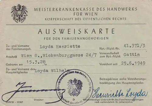 937415 -  - Ausweiskarte für Familienangehörige , Meisterkrankenkasse Wien