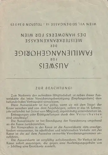 937415 -  - Ausweiskarte für Familienangehörige , Meisterkrankenkasse Wien