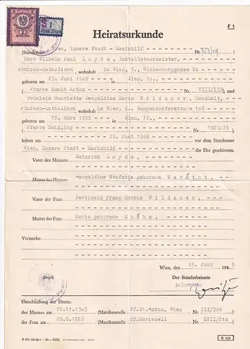 937416 -  - Heiratsurkunde , Wien , Stemplemarke -  1949