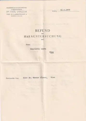937418 -  - Befund der Harnuntersuchung , Wien , Dr. Paul Odelga -  1953