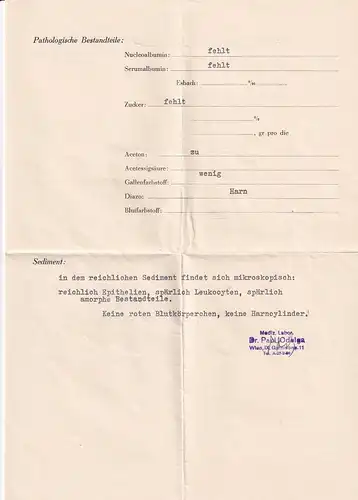 937418 -  - Befund der Harnuntersuchung , Wien , Dr. Paul Odelga -  1953