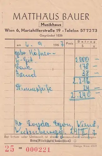 937420 -  - Rechnung Musikhaus , Matthäus Bauer Wien -  1967
