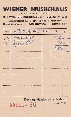 937421 -  - Rechnung Wiener Musikhaus , Weiss u. Kadlec -  1967
