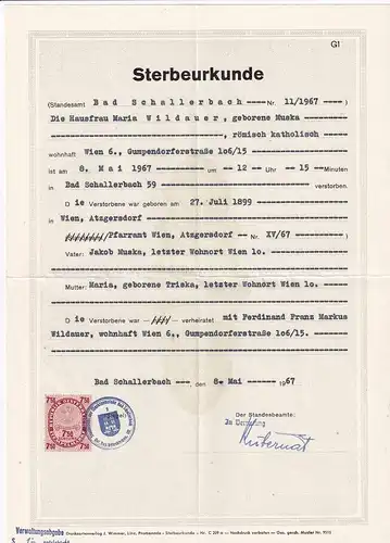 937422 -  - Sterbeurkunde , Wien , Stempelmarke -  1967