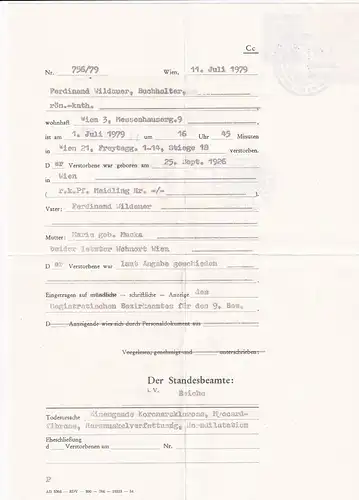 937423 -  - Sterbeurkunde , Wien , Stempelmarke -  1979