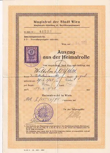 37431 -  - Auszug aus der Heimatrolle , Wien , Stempelmarke -  1949