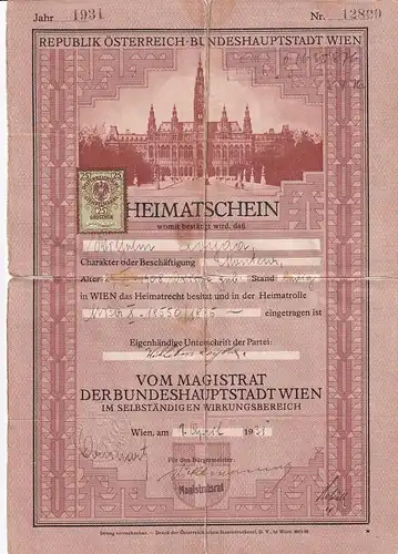 37432 -  - Heimatschein , Wien , Stempelmarke -  1931