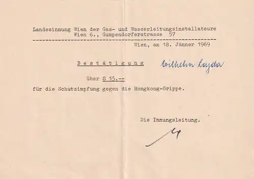 37433 -  - Zahlungsbestätigung Impfung Hongkong Grippe , Wien -  1969