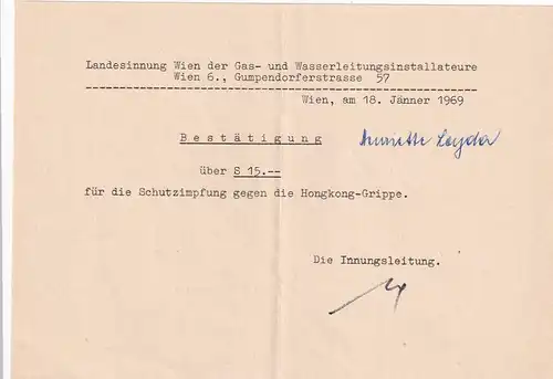 37434 -  - Zahlungsbestätigung Impfung Hongkong Grippe , Wien -  1969