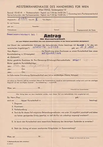 37435 -  - Antrag für Kuraufenthalt , Meisterkrankenasse Wien