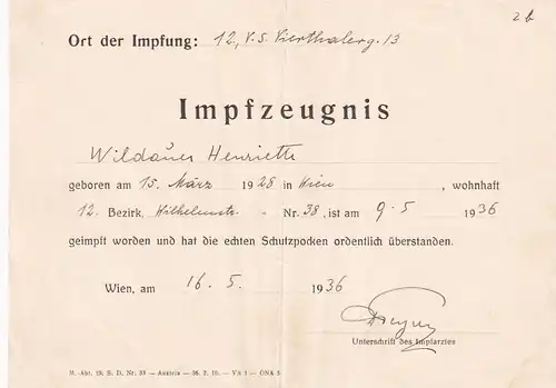 37436 -  - Impfzeugnis , Wien -  1936