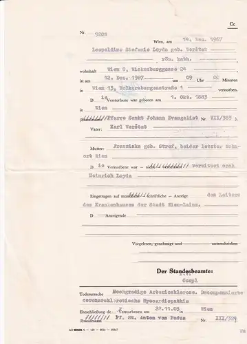 37440 -  - Sterbeurkunde , Wien , Stempelmarke -  1967