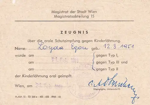37444 -  - Zeugnis über orale Schutzimpung gegen Kinderlähmung , Wien -  1963