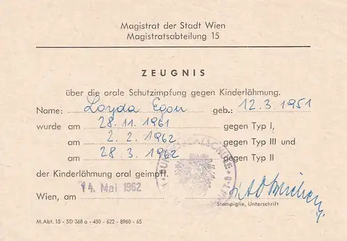37446 -  - Zeugnis über orale Schutzimpung gegen Kinderlähmung , Wien -  1962