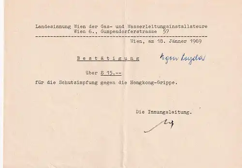 37447 -  - Zahlungsbestätigung Impfung Hongkong Grippe , Wien -  1969