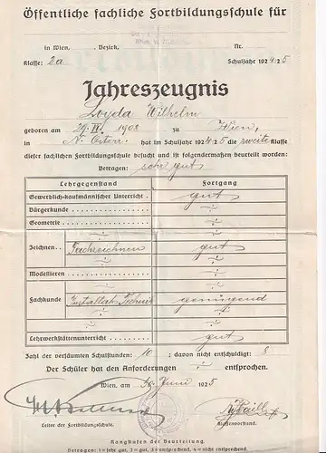 37450 -  - Zeugnis , Jahreszeugnis , Gas u. Wasserinstallateure Wien -  1925