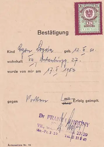 37451 -  - Impfbestätigung , Wien , Stempelmarke -  1953