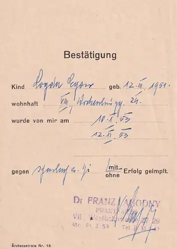 37453 -  - Impfbestätigung , Wien , Stempelmarke -  1953