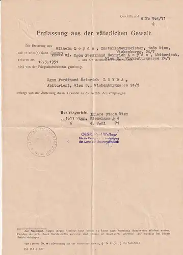 37454 -  - Entlassung aus der Väterlichen Gewalt , Volljährigkeitsnachweis , Wien