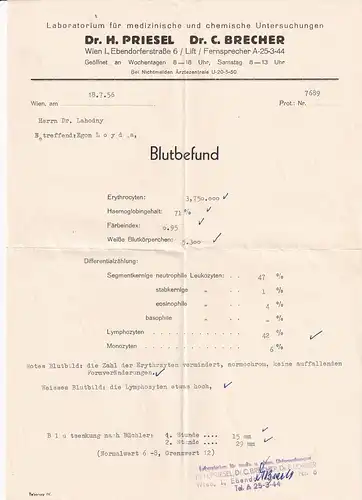 37455 -  - Blutbefund , Dr. G. Priesel , Dr. C. Brecher , Wien -  1956