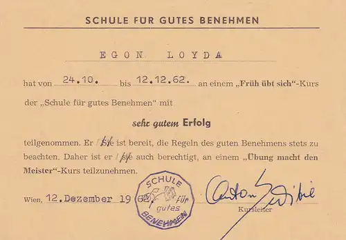37456 -  - Schule für gutes Benehmen , Kursbestätigung -  1962