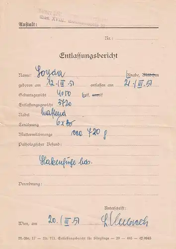 37459 -  - Entlassungsbericht Frauenklinik Gersthof Wien -  1951
