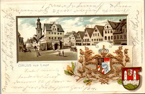 37474 - Deutschland - Lauf , Gruss aus , Wappen Relief - gelaufen 1900