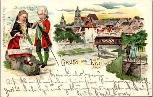 37476 - Deutschland - Hall in Würtemberg , Gruss aus , Salzsiedertracht - gelaufen 1898