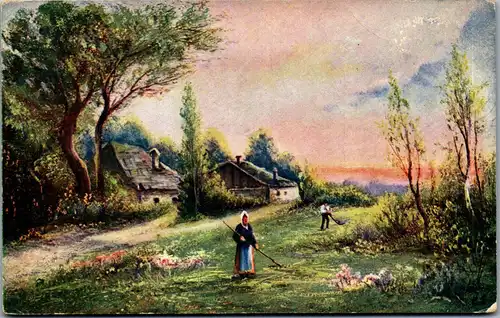 37491 - Künstlerkarte - Landschaft , Bauern bei der Arbeit - gelaufen