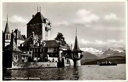 37750 - Schweiz - Oberhofen , Schloss mit Blüemlisalp , Dampfer - nicht gelaufen