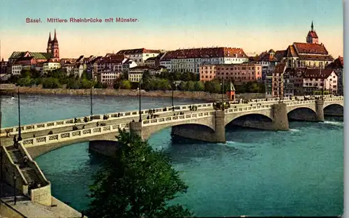 37785 - Schweiz - Basel , Mittlere Rheinbrücke mit Münster - nicht gelaufen