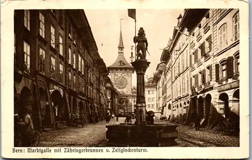 37826 - Schweiz - Bern , Marktgasse mit Zähringerbrunnen und Zeitglockenturm - gelaufen 1921