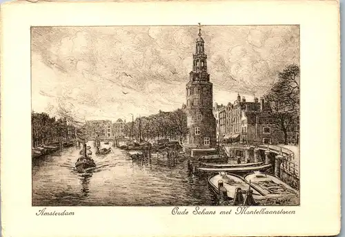 37874 - Künstlerkarte - Amsterdam , Oude Schans met Montelbaanstoren , signiert - nicht gelaufen