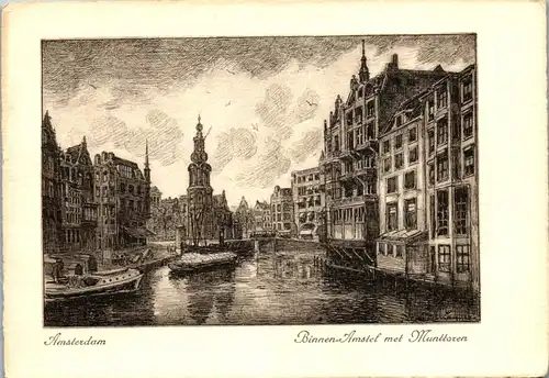 37875 - Künstlerkarte - Amsterdam , Binnen Amstel met Munttoren , signiert - nicht gelaufen