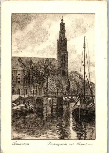 37877 - Künstlerkarte - Amsterdam , Prinsengracht met Westertoren , signiert - nicht gelaufen