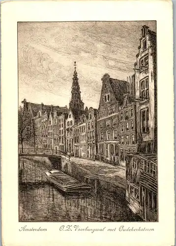 37879 - Künstlerkarte - Amsterdam , O. Z. Voorburgwal met Oudekerkstoren - nicht gelaufen