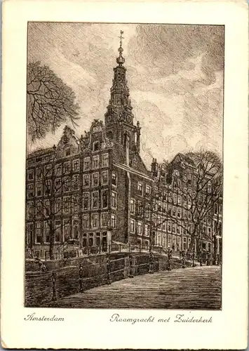 37880 - Künstlerkarte - Amsterdam , Raamgracht met Zwiderkerk , signiert - nicht gelaufen
